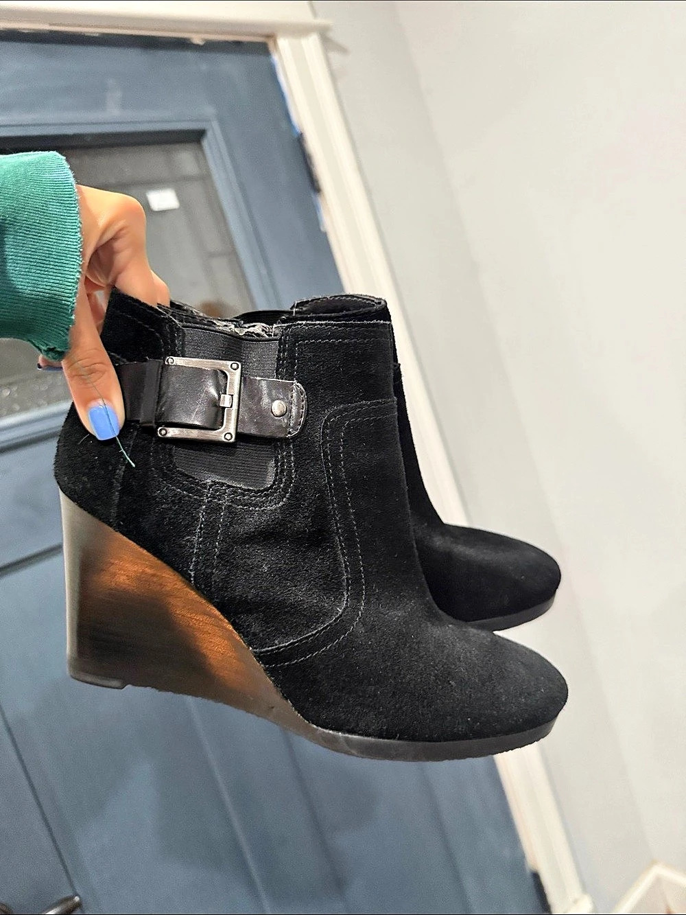 Franco Sarto Black Suede-Look Wedge Ankle Boots US 8